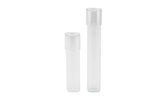 The flat bottom glass tubes are available in the heights 100 mm and 145 mm. The polycarbonate cap fits on both sizes.