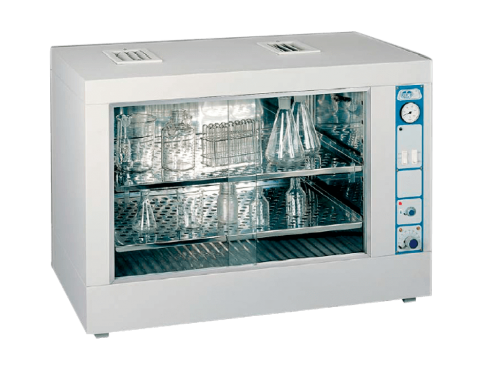 The JP Selecta glass drying oven 'Dryglass' has fan assisted air circulation and is used to dry and sterilize vessels.